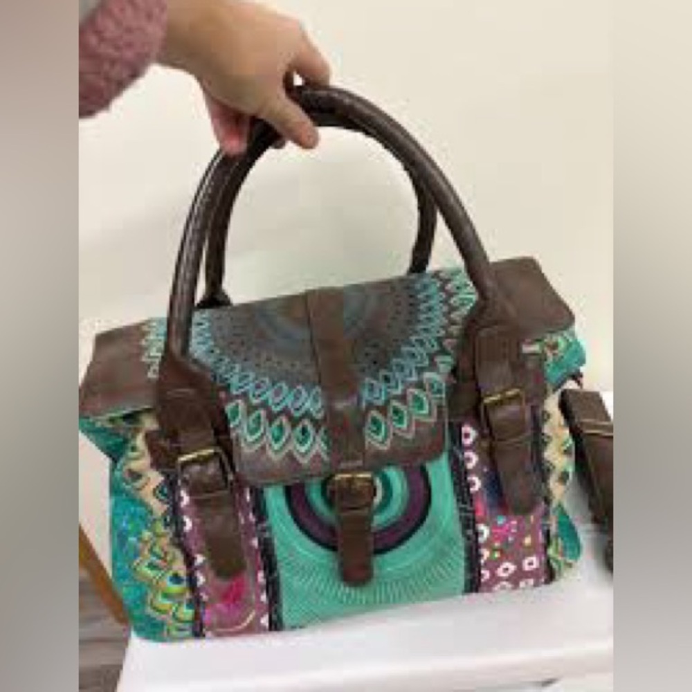 Desigual boho Teal and Brown Patterned Satchel New and Good words on front - Picture 5 of 5